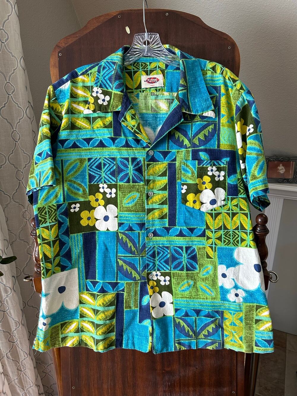 Vintage Pomare Large turquoise green floral short-sleeve Hawaiian aloha shirt
